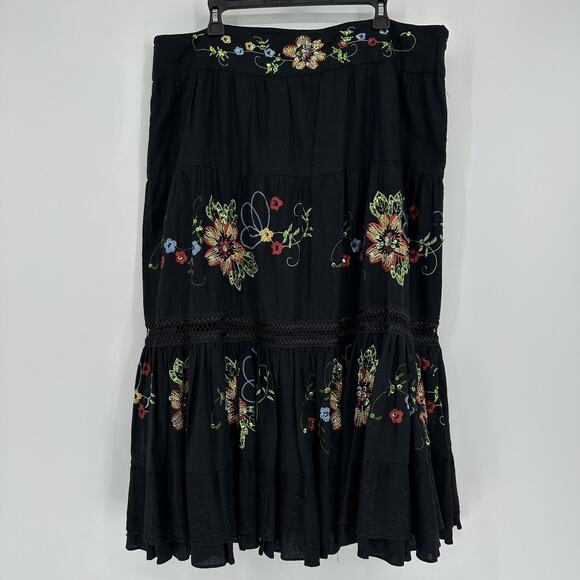 WDNY Skirt Womens 20W Black Embroidered Floral Sequin Festival Boho Maxi Linen - Picture 1 of 13